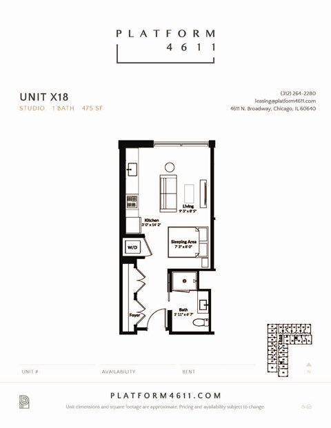 Floor plan for studio, 1 bath, 475 sqft